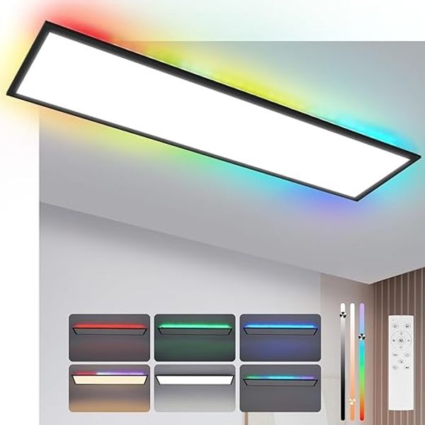 ZMH LED Panel 100x25 Dimmbar Deckenpanel RGB Backlight Farbwechsel Büro Lang Deckenleuchte Flach mit Fernbedienung Groß Bürolampe 24W Schwarz Rechteckig Deckenlampe für Spielzimmer Wohnzimmer