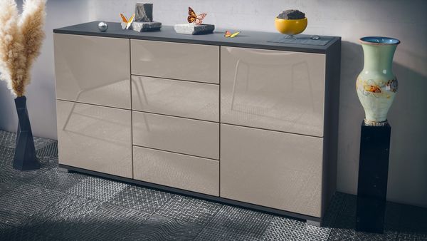 Vladon Sideboard Rova V1 (Kommode mit 4 Türen, 4 Schubladen, Made in Germany), Anthrazit matt/Sandgrau Hochglanz (138,5 x 75,5 x 35)