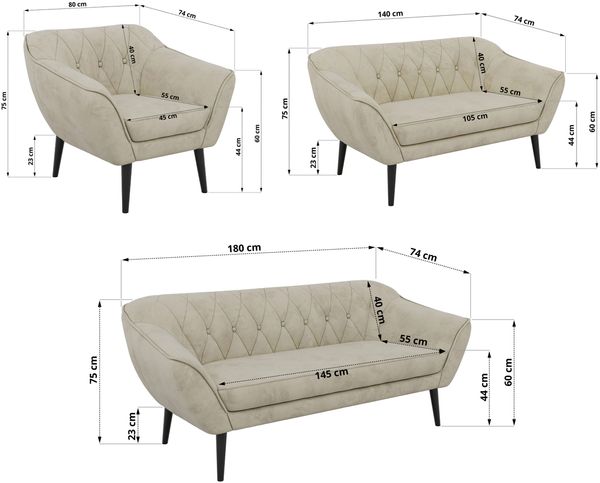Wohnzimmerset PIRS 1-2-3, Skandinavisches Komplettset, Wellenfederung, schwarze Füße, Sitzgruppe, Möbelset - Beige Velvet Bild 5
