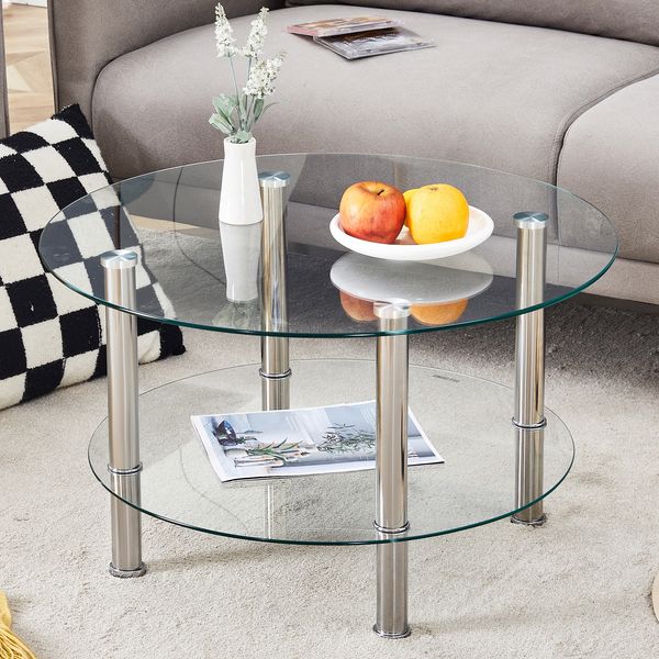 Couchtisch 70/60x70/60x42 cm, zweistufig, Glas und silberfarbenes Metall