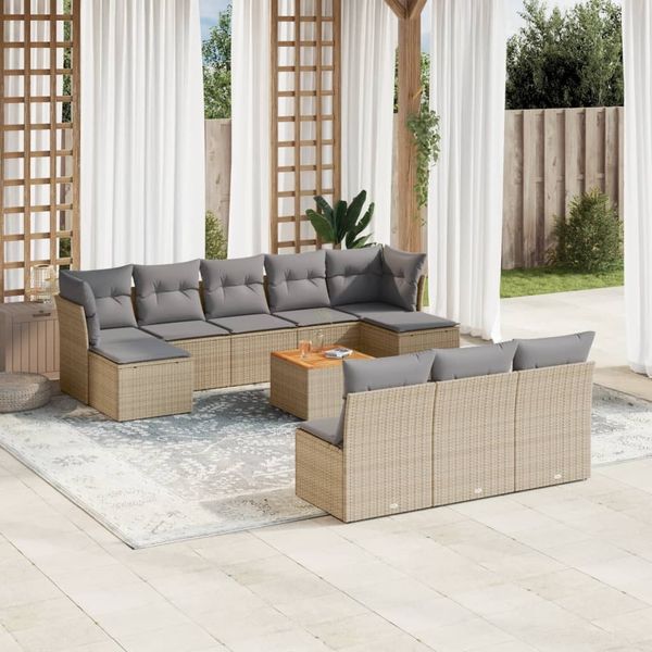 vidaXL 11-tlg. Garten-Sofagarnitur mit Kissen Beige Poly Rattan 3223868