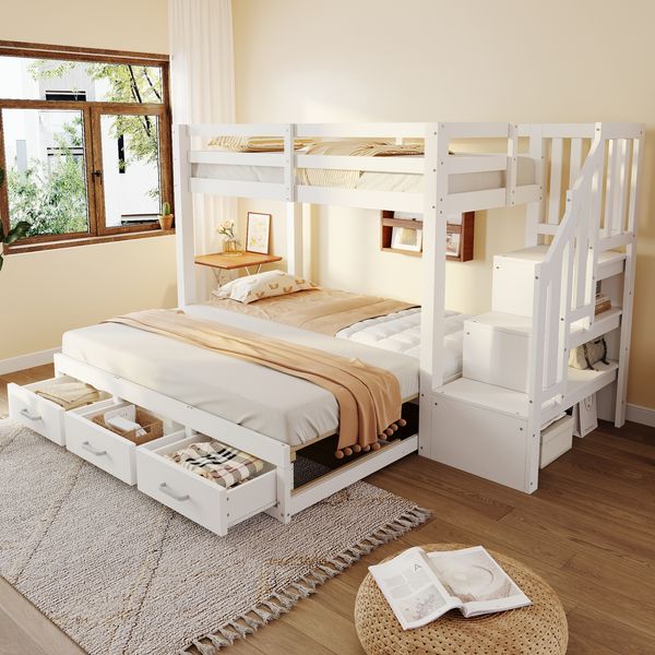 Merax Etagenbett, Jugendbett, Holzbett, 90 x 200 cm, Ausziehbett 90/180*190cm, mit Stauraumleiter mit mehreren Schubladen, Ausziehbettfunktion, Weiß