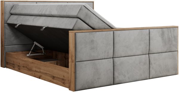 Doppelbett, Boxspringbett mit zwei Multipocket-Matratzen und ein Topper, Bettkästen, Eiche Wotan Holzrahmen, genähtes Kopfteil und Front - ALBERO 2 KING DUO - 180 x 200 cm - Hellgrau Velours - H3 Bild 5