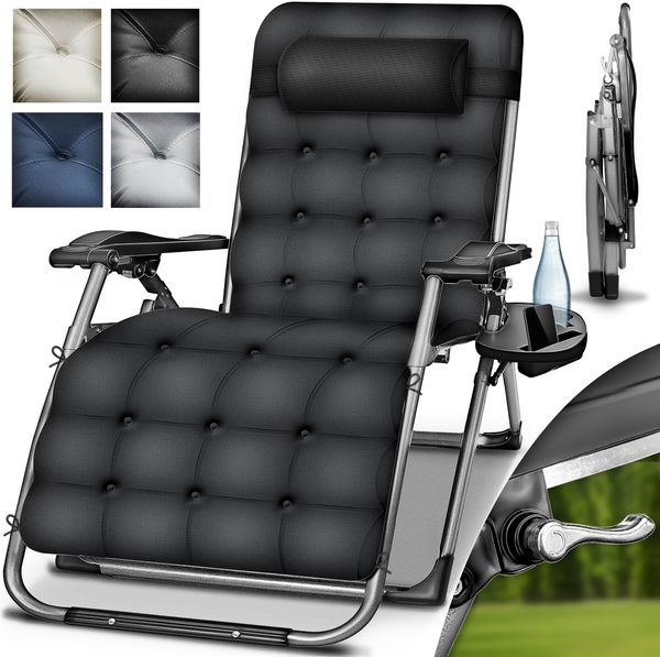 tillvex® Liegestuhl klappbar bis 200 kg Schwarz | Sonnenliege wetterfest für Balkon, Garten & Terrasse | Outdoor Liege verstellbar mit dickem Polster | Relaxliege mit Nackenkissen, Getränkehalter & Auflage