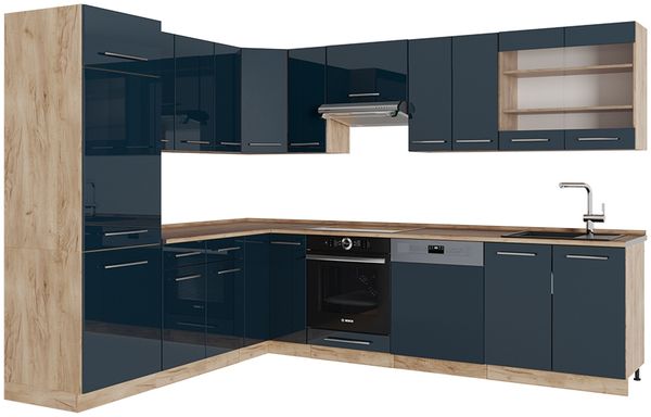 Eckküche Fame-Line Dunkelblau Hochglanz/Goldkraft Eiche 287 x 46 cm ohne Arbeitsplatte Vicco