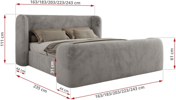 Polsterbett mit Lattenrost, Doppelbett für Schlafzimmer, Gepolstertes Kopfteil, Pocket matratze Härtegrad H3/H4 - EMORA DUO - 120 x 200 cm - Hellgrau Stoff - VIRE - LUX Bild 4