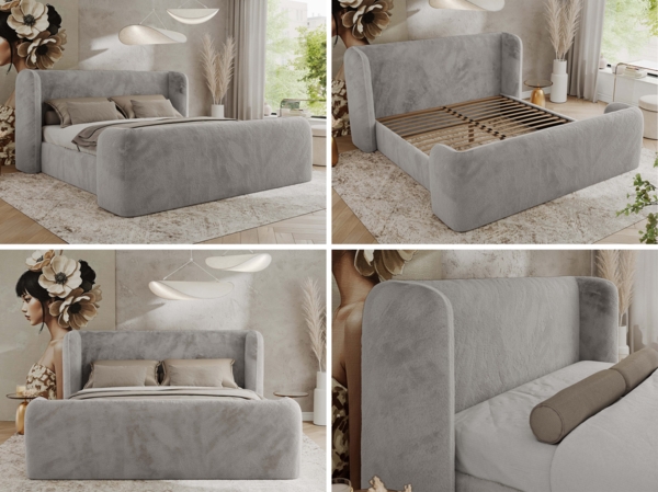 Polsterbett mit Lattenrost, Doppelbett für Schlafzimmer, Gepolstertes Kopfteil, Pocket matratze Härtegrad H3/H4 - EMORA DUO - 120 x 200 cm - Hellgrau Stoff - VIRE - LUX Bild 2