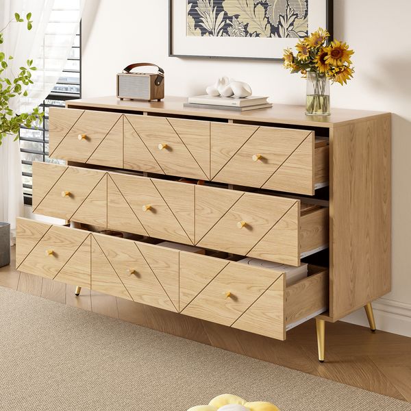 Kommode mit 9 Schubladen aus Holzoptik, moderne Anrichte mit Eisenbeinen, Sideboard Schlafzimmer Wohnzimmer Aufbewahrung