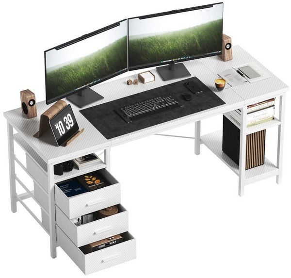 Patbrela Schreibtisch 120/140/160 x 60 x 75 cm Umkehrbarer PC Tisch, Bürotisch Moderner Stil, Schreibtisch mit 3 Schubladen und 3 Justierbaren Regalen