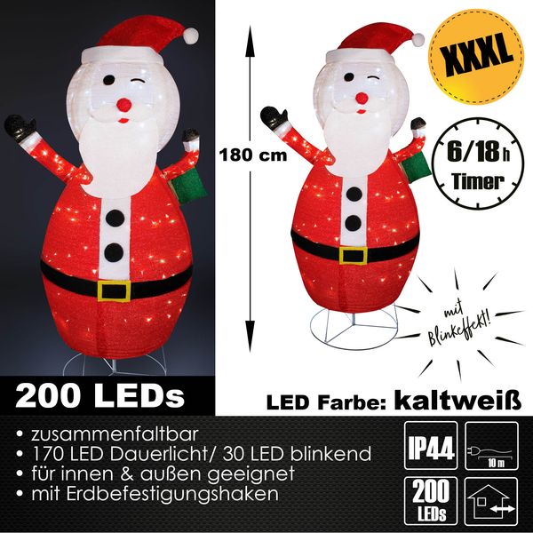 XXXL LED Weihnachtsfigur 180 cm Weihnachtsmann Figur beleuchtet Weihnachtsdeko Timer
