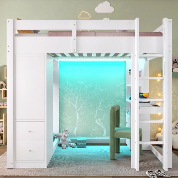 STILVORA Hochbett 90x200 mit Schreibtisch,Jugendbett Stauraumbett mit LED-Licht&USB (mit Unterbettschreibtisch, 4 Schubladen & offener Kleiderschrank – platzsparend für Kinderzimmer, Jugendzimmer & Home Office, 1-St, 90x200) LED-Licht und USB