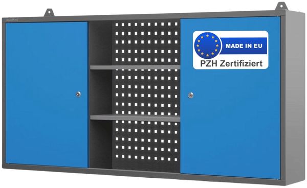 Hängeschrank Werkstatt abschließbar OLIS - Metallschrank hängend | Werkstattschrank Werkzeugschrank Wandschrank Garage, 60x120x20cm Anthrazit-Blau
