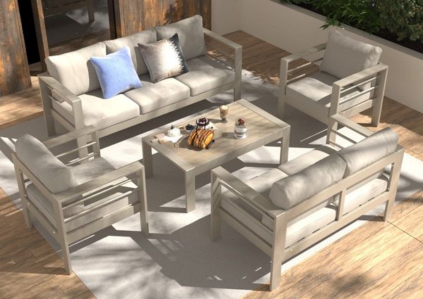 MeXo Gartenlounge-Set Gartenmöbel Set Aluminium, (12cm Deluxe Relax-Sitzkissen, 5-tlg, Belastbarkeit pro Sitzplatz 140kg), Lounge Gartenmöbelset xxl, pflegeleichte Polywood-Tischplatte