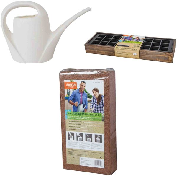 Set Anzuchthaus Vollholzkiste 50x16x6 cm 27 Töpfe Kokoserde 10 L Gießkanne 1,5 L vintage grau