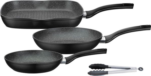 GSW Pfannen-Set Gourmet Granit, Aluminium (Set, 4-tlg, 1x Bratpfanne Ø 20 cm, 1x Bratpfanne Ø 24 cm, 1x Grillpfanne Ø 28 cm), Induktion