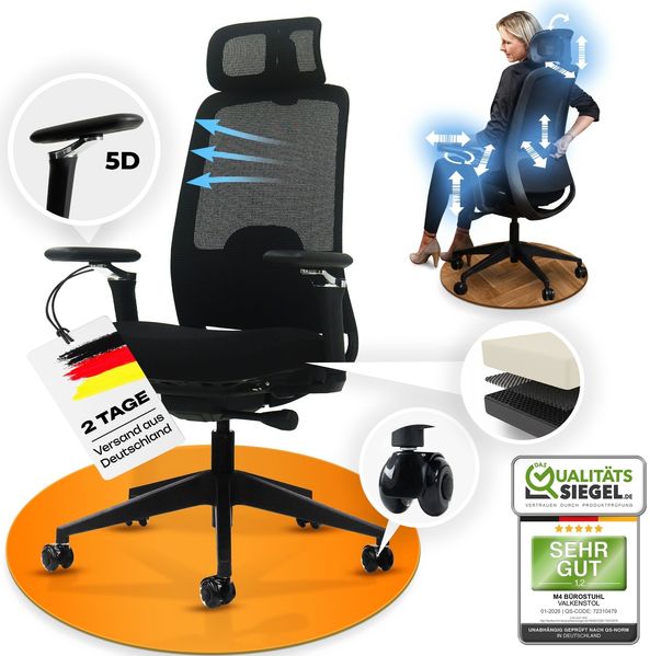 VALKENSTOL M4 Kopf-/Armstütze - Bürostuhl ergonomisch - 5 Jahre Garantie - 5D Armlehnen - verstellbare Sitztiefe - Schreibtischstuhl mit Gummirollen