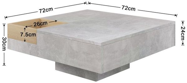 IDEASY Couchtisch Quadratischer Couchtisch, Wohnzimmertisch in Grau Beton Finish (72 x 72 x 30 cm, Belastbarkeit 30 kg), Industrieller Stil, herausnehmbare holzfarbene Aufbewahrungsbox