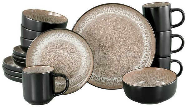 CreaTable Kombiservice NORDIC FJORD, Beige, Schwarz, mit Reaktivglasur, (16-tlg), 4 Personen, Steinzeug, Spülmaschinengeeignet, Mikrowellengeeignet