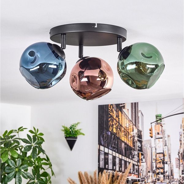 hofstein Deckenleuchte Deckenlampe aus Metall/Glas in Schwarz/Blau/Grün/Kupferfarben, ohne Leuchtmittel, verstellbare Deckenleuchte im Vintage-Design (Schirme Ø 15cm), 3 x E14