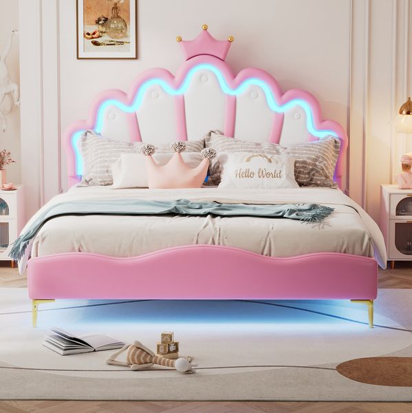Polsterbett 140x200 cm aus PU mit LED-Beleuchtung – Prinzessinnen-Design in Rosa