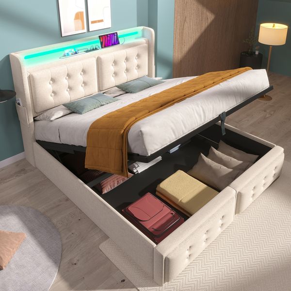 Polsterbett 180×200 cm mit Bettkasten, LED, USB-C und Steckdose, Beige, ohne Matratze