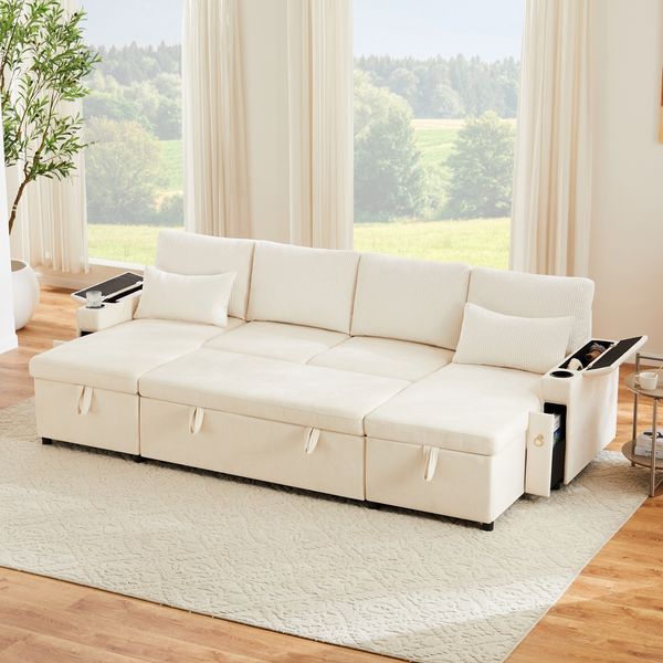 Schlafsofa in U-Form, Chenille & Cord mit Stauraum und Getränkehaltern, 272x131x84 cm, Beige