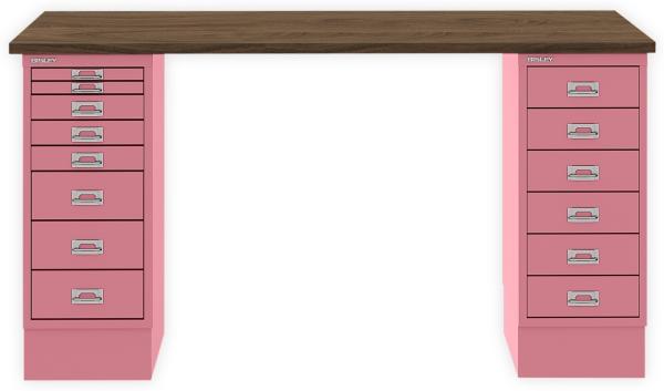 MultiDesk, 1 MultiDrawer mit 6 Schüben, 1 MultiDrawer mit 8 Schüben, Dekor Nussbaum, Farbe Pink, Maße: H 740 x B 1400 x T 600 mm