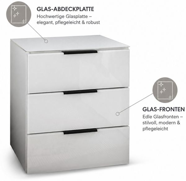 Nachtkommode >Pari< 3 Schübe, Weiß / Glas Weiß - 46x56x40cm (BxHxT) Bild 2