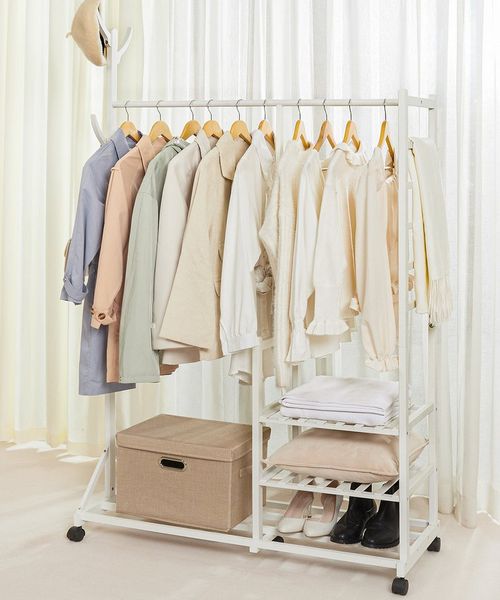 Yorbay Kleiderständer Garderobenständer aus Bambus, (mit Rollen, mit Kleiderstange, 3 Ablagen und 6 Kleiderhaken), Kleiderständer 100 x 38 x 176 cm für Flur, Wohnzimmer, Schlafzimmer