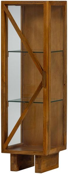 Vitrine Mangoholz modern, mit Glastür und Ablagefächern, natur, 137 x 40 x 39 cm