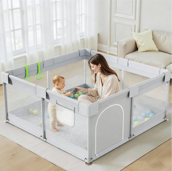MC Star Laufstall für Babys, 120x120 cm, kleines Laufgitter (mit atmungsaktivem Netz (Grau, 120x120 cm)