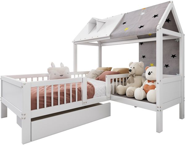 Kinderbett Hausform 90x200 cm aus Massivholz/MDF, Lattenrost inkl, integrierter Stauraum mit Schubladen, Weiß