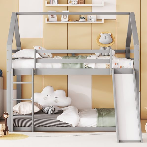 Bett 140x200 cm Haus-Etagenbett mit Rutsche und Treppe – robustes Kiefernholz in Grau