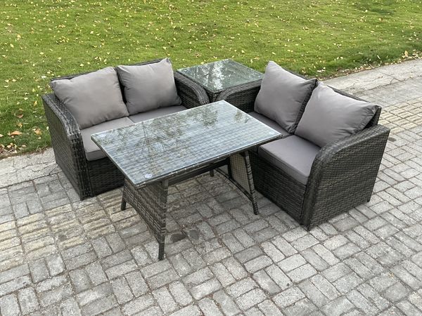 Fimous Gartenmöbel-Sets 4 Stücke Polyrattan Möbel Sofa Sets mit Rechteckiger Esstisch Love Sofa Beistelltisch