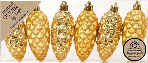 INGE-GLAS® Weihnachtsbaumkugel Christbaumschmuck Zapfen Kunststoff H 9 cm 6 Stück gold