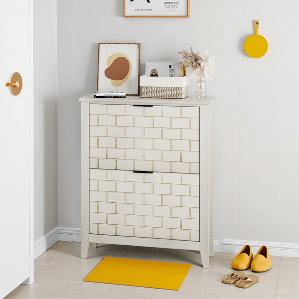 Schuhschrank mit 2 Klappfächern, MDF mit Massivholzbeinen, Retro-Weiß