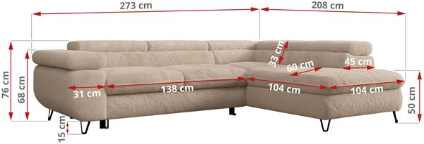 Ecksofa mit Bettfunktion, Modern Sofa, L-form, Einstellbare Kopfstützen, Bettkasten - PETER - Beige Plüsch - links Bild 7