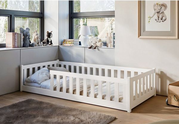 Kinderbett Bodenbett 90x200 cm Bett mit Rausfallschutz & Lattenrost Montessori Bett Bed Gitterbett Kinder Jugendbett Einzelbett | weiß Kiefer Holz massiv Junge Mädchen
