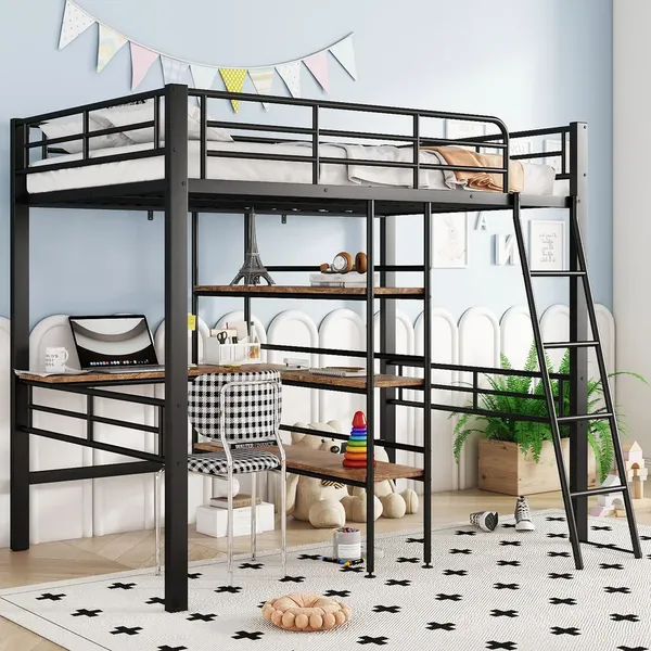 Hochbett mit Schreibtisch, Regal, Leiter und Rausfallschutz, 90x200 cm, Metallbett