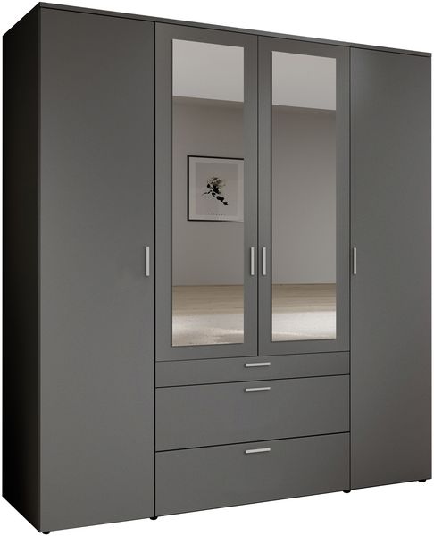 Drehtürenschrank >Vesala< 4 Türen, 3 Schübe, Graphit / Spiegel - 180x195x56cm (BxHxT)