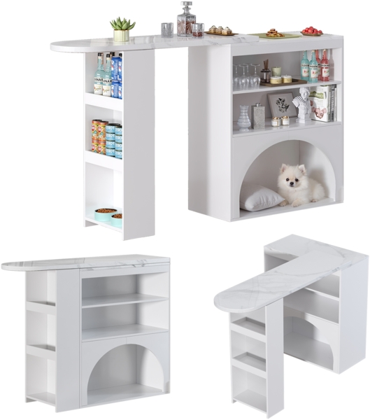 Merax 120CM Bartisch, ausziehbarer Esstisch, hochbeiniger kleiner Bartisch, mit Lagerung und Haustierbereich, haustierfreundlich, geeignet für Esszimmer und Küche, weiß