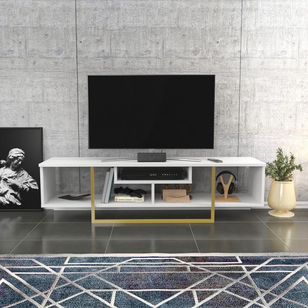 Hanah Home Glam TV Stand, White & Gold, 150 x 35.2 x 40 cm | 100% Melamine Coated Particle Board, 18 mm Thick | Stylish & Functional for Modern Living Rooms