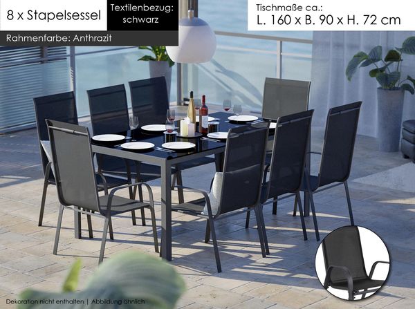 Gartenmöbel Set Metall Tisch 8 Stapelsessel Essgruppe Gartenset Sitzgruppe Stuhl schwarz