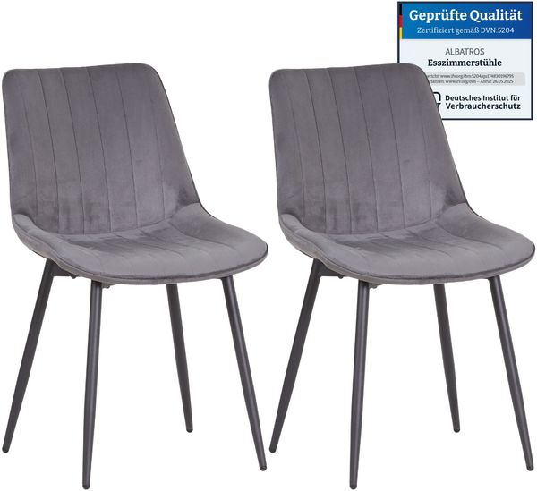 Albatros BOSA Samtstuhl Grau – 2er-Set Esszimmerstühle im modernen Retro-Design, gepolstert & ergonomisch, DEKRA-geprüft, pflegeleichter Bezug