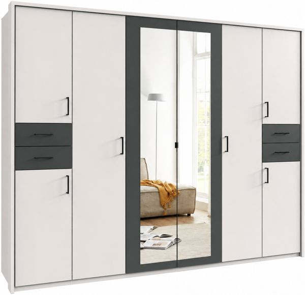 Drehtürenschrank Kleiderschrank 273cm Passepartout Spiegel Weiß, Griffe schwarz