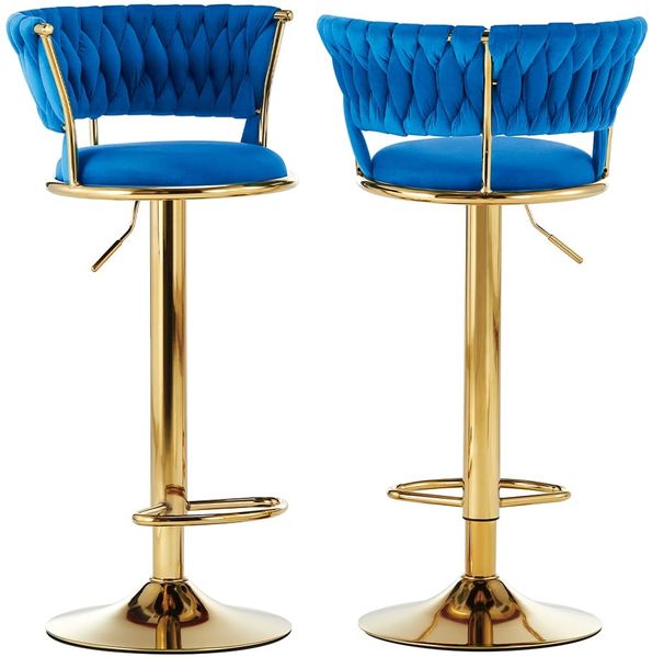 BAKAJI Set mit 2 Küchenhockern mit Samtbezug und geflochtener Rückenlehne und Verstellbarer Höhe, Barstühle, Restaurant, drehbarer Rahmen aus Gold mit Fußstütze, modernes Design (Blau)