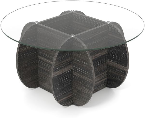 φ89cm Runder Couchtisch mit Gehärteter Glasplatte & Massivholz-Basis Moderner Sofatisch