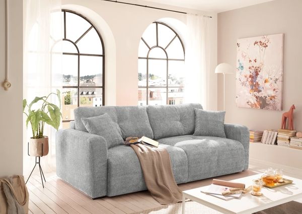 Schlafsofa Bullet von ED Exciting Design – Komfortables Mikrofaser-Sofa mit Nosagfederung Farbe Silber, Bettkasten und Liftbeschlag