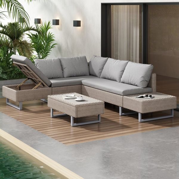 Flieks Gartenlounge-Set, 5-Sitzer L-förmiges Gartenmöbel PE-Rattan mit Liegefunktion