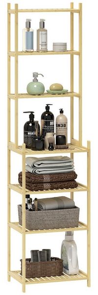 HOMCOM Badregal Badezimmerregal mit 7 Ebenen, Standregal, Aufbewahrungsregal aus Bambus 1-tlg, für Wohnzimmer, Badezimmer, Natur, 44 x 33 x 180 cm